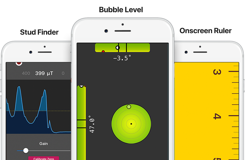 Extra tools include a bubble level, stud finder, and onscreen ruler